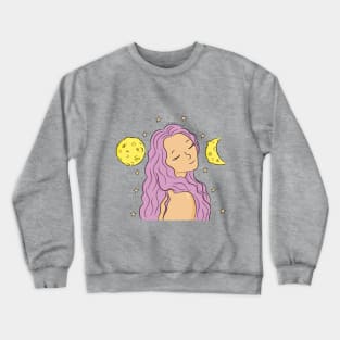 Purple Haired Girl with Moons and Stars Illustration Crewneck Sweatshirt